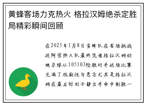 黄蜂客场力克热火 格拉汉姆绝杀定胜局精彩瞬间回顾