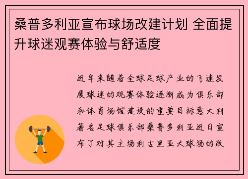 桑普多利亚宣布球场改建计划 全面提升球迷观赛体验与舒适度