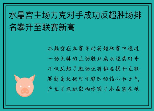 水晶宫主场力克对手成功反超胜场排名攀升至联赛新高