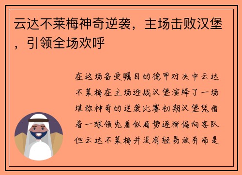 云达不莱梅神奇逆袭，主场击败汉堡，引领全场欢呼