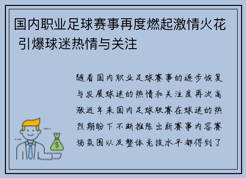 国内职业足球赛事再度燃起激情火花 引爆球迷热情与关注