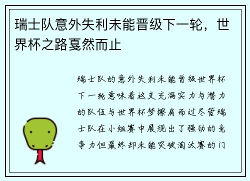瑞士队意外失利未能晋级下一轮，世界杯之路戛然而止