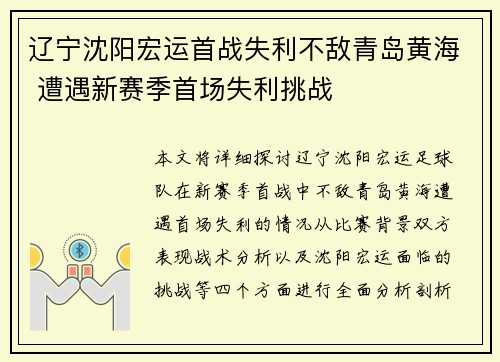 辽宁沈阳宏运首战失利不敌青岛黄海 遭遇新赛季首场失利挑战