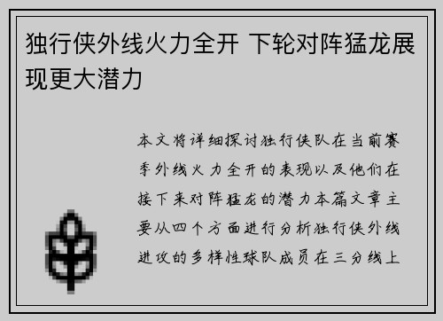 独行侠外线火力全开 下轮对阵猛龙展现更大潜力