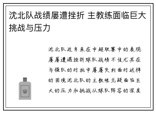 沈北队战绩屡遭挫折 主教练面临巨大挑战与压力